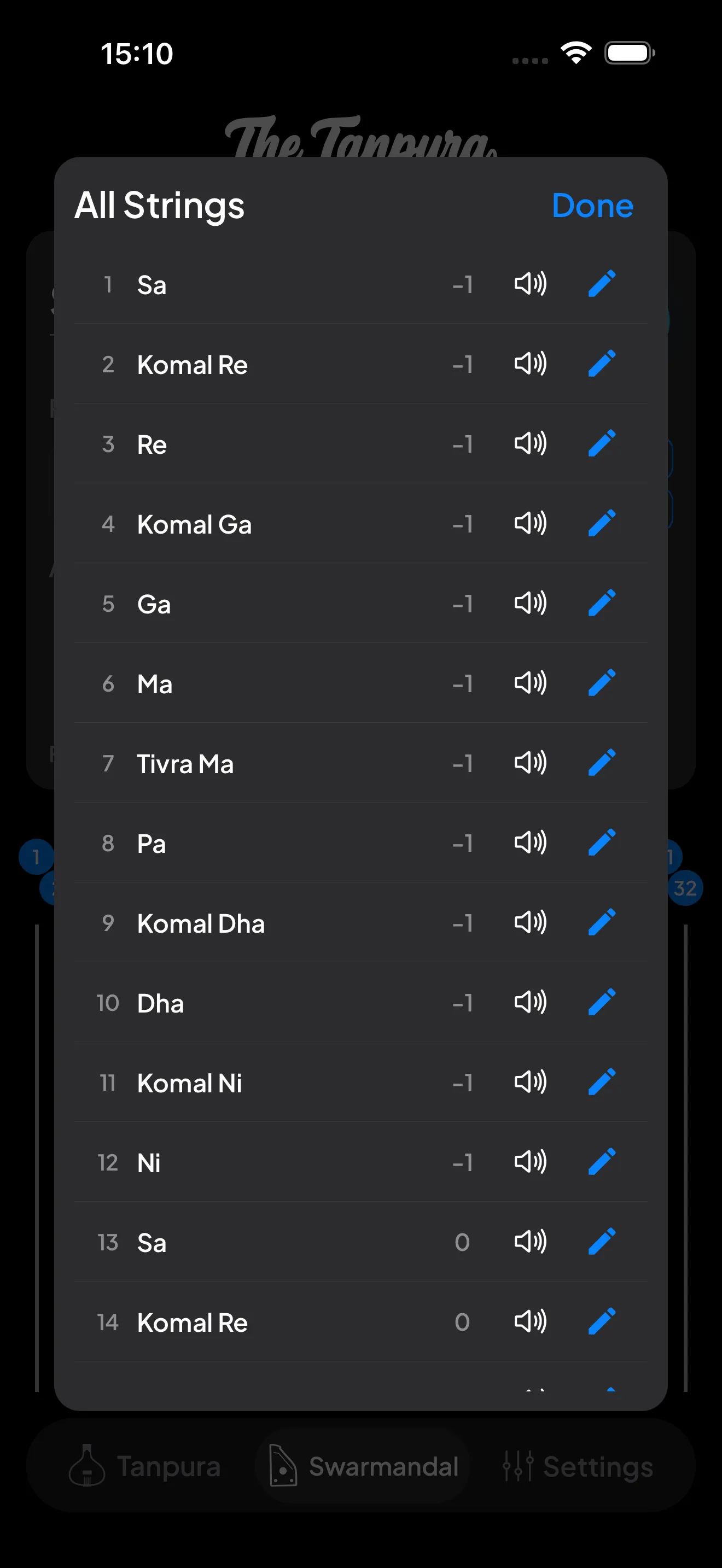 The All Strings modal listing every string with its note, octave offset, preview, and edit button