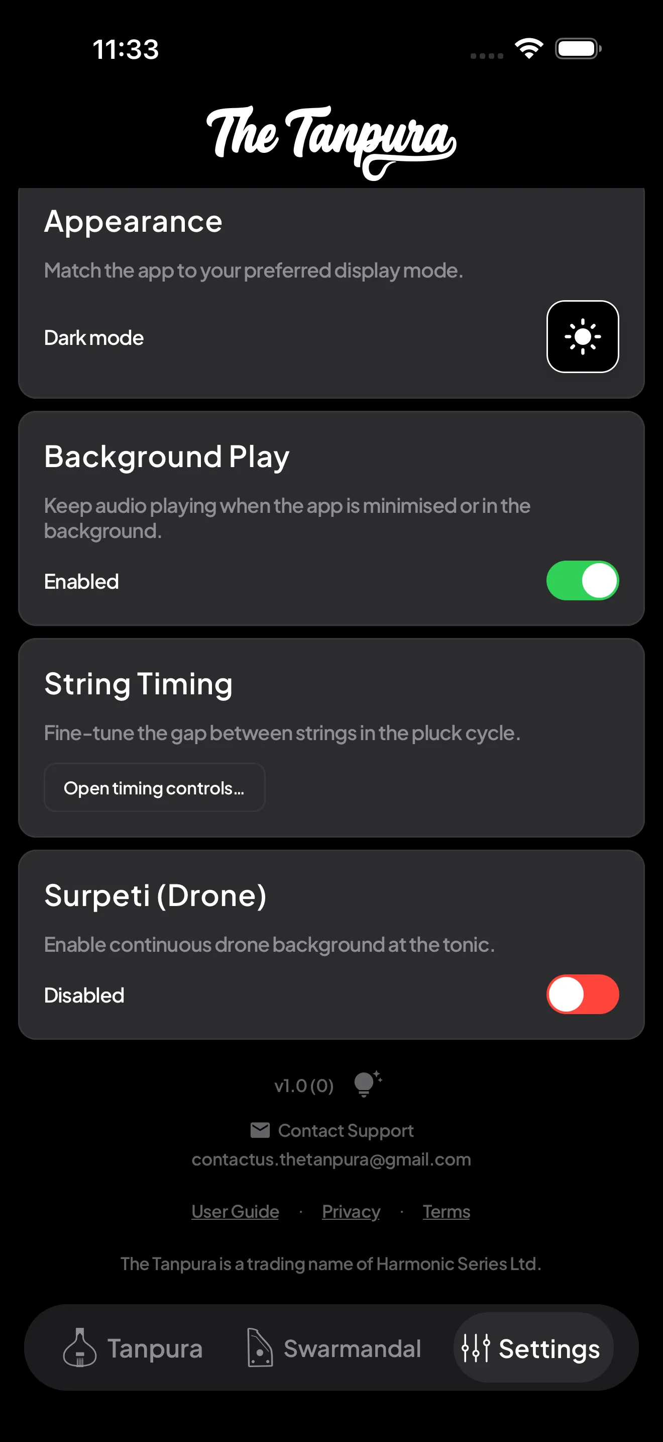 The bottom of the Settings tab showing the app version, Contact Support email, and User Guide, Privacy, and Terms links