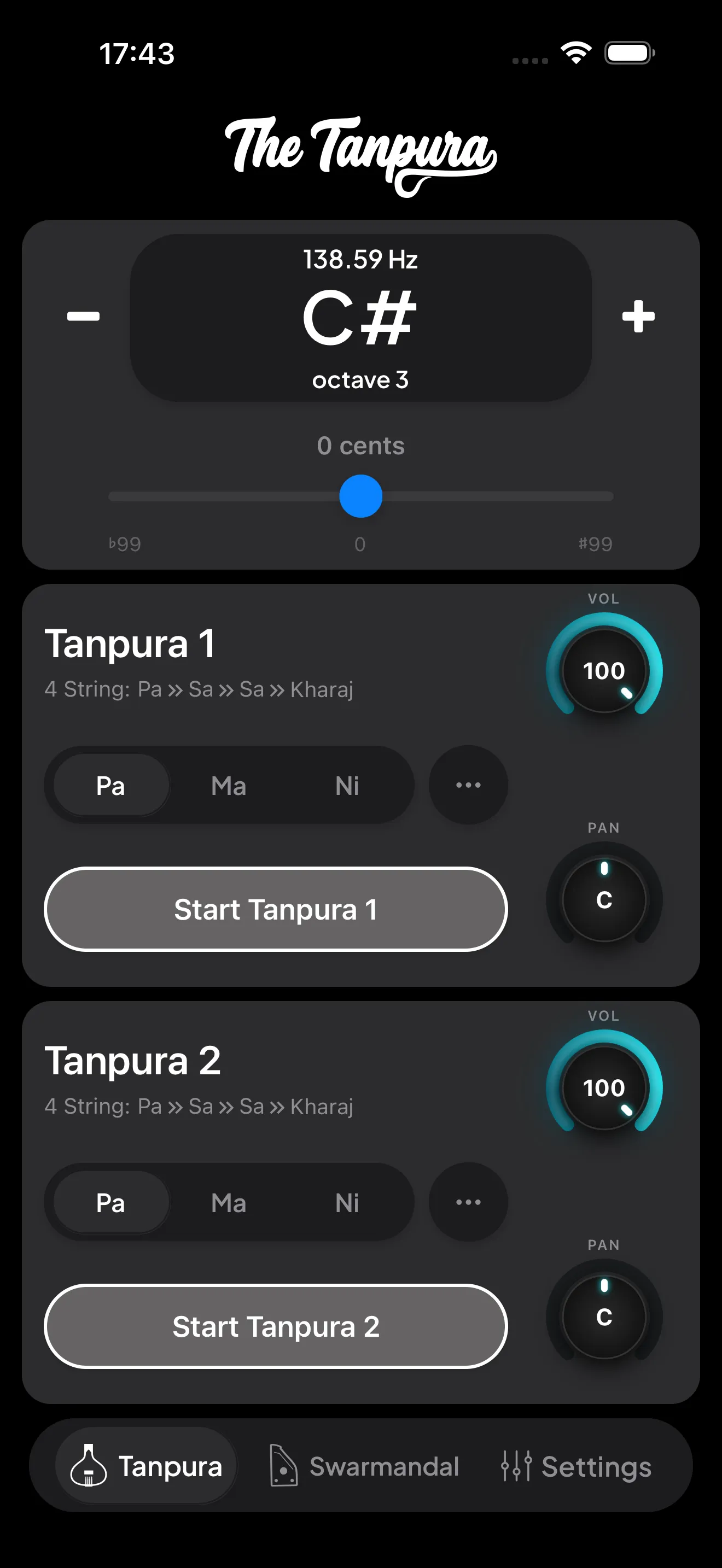 The Tanpura tab showing the first-string pill, the central pitch display, and the volume, cents, and tempo dials