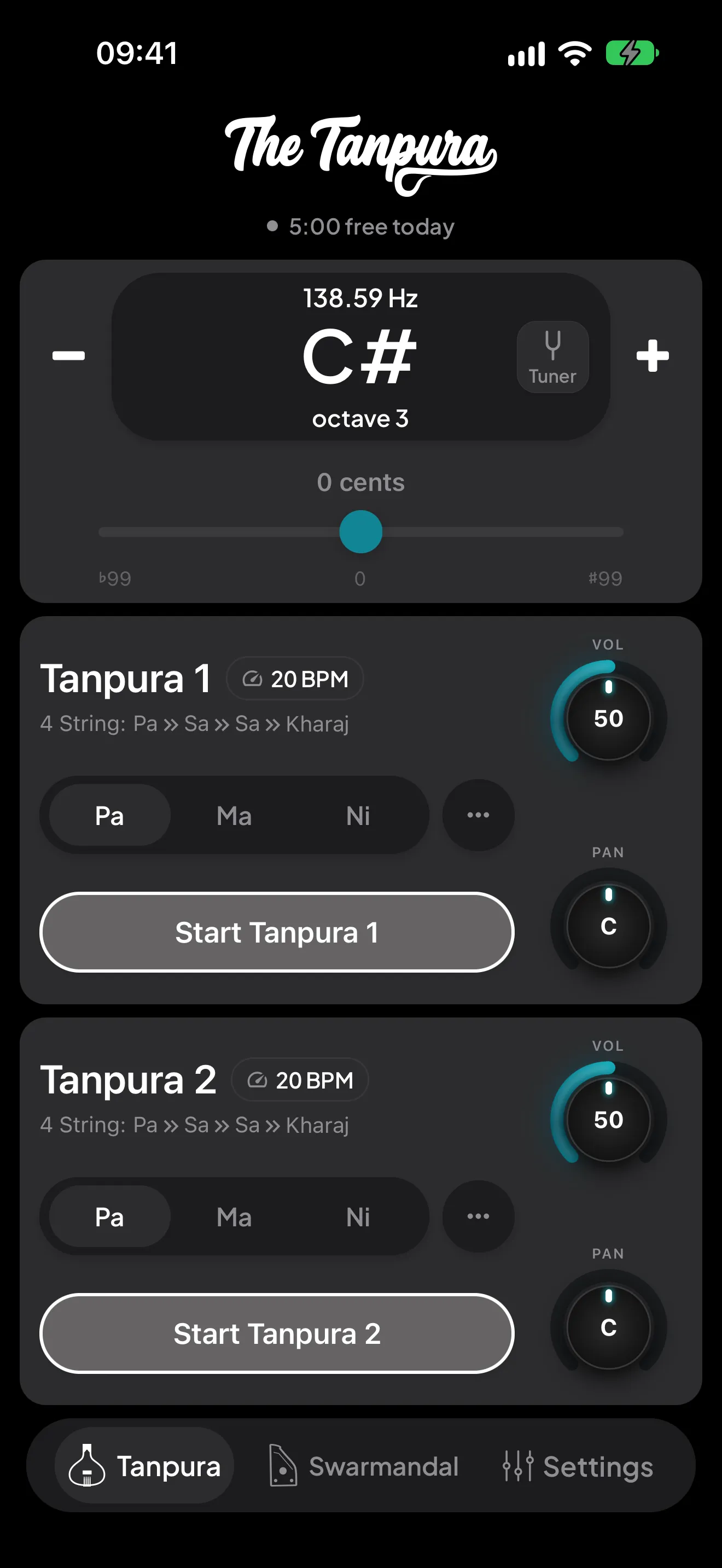 The Tanpura app on iPhone showing the Tanpura tab