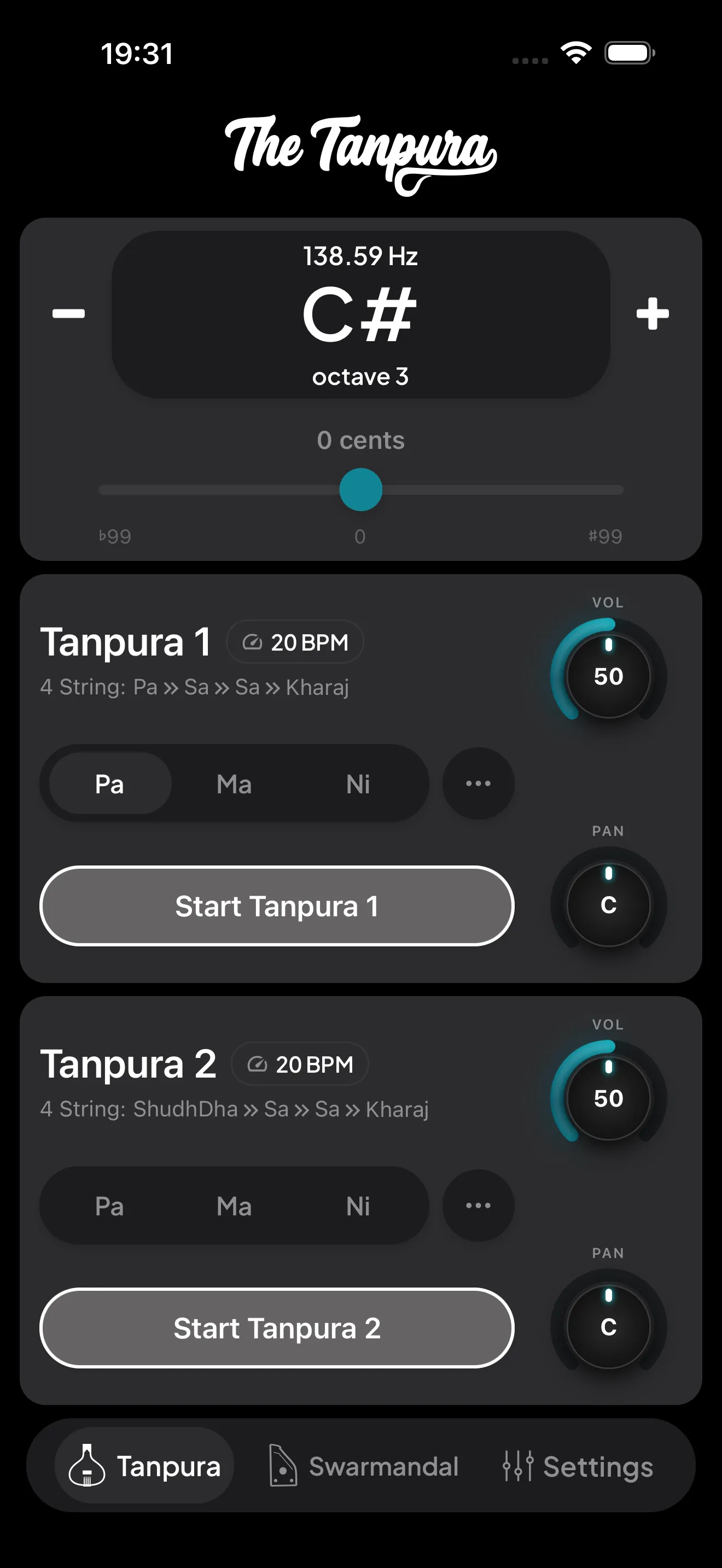 The Tanpura tab showing the first-string pill, the central pitch display, and the volume, cents, and tempo dials