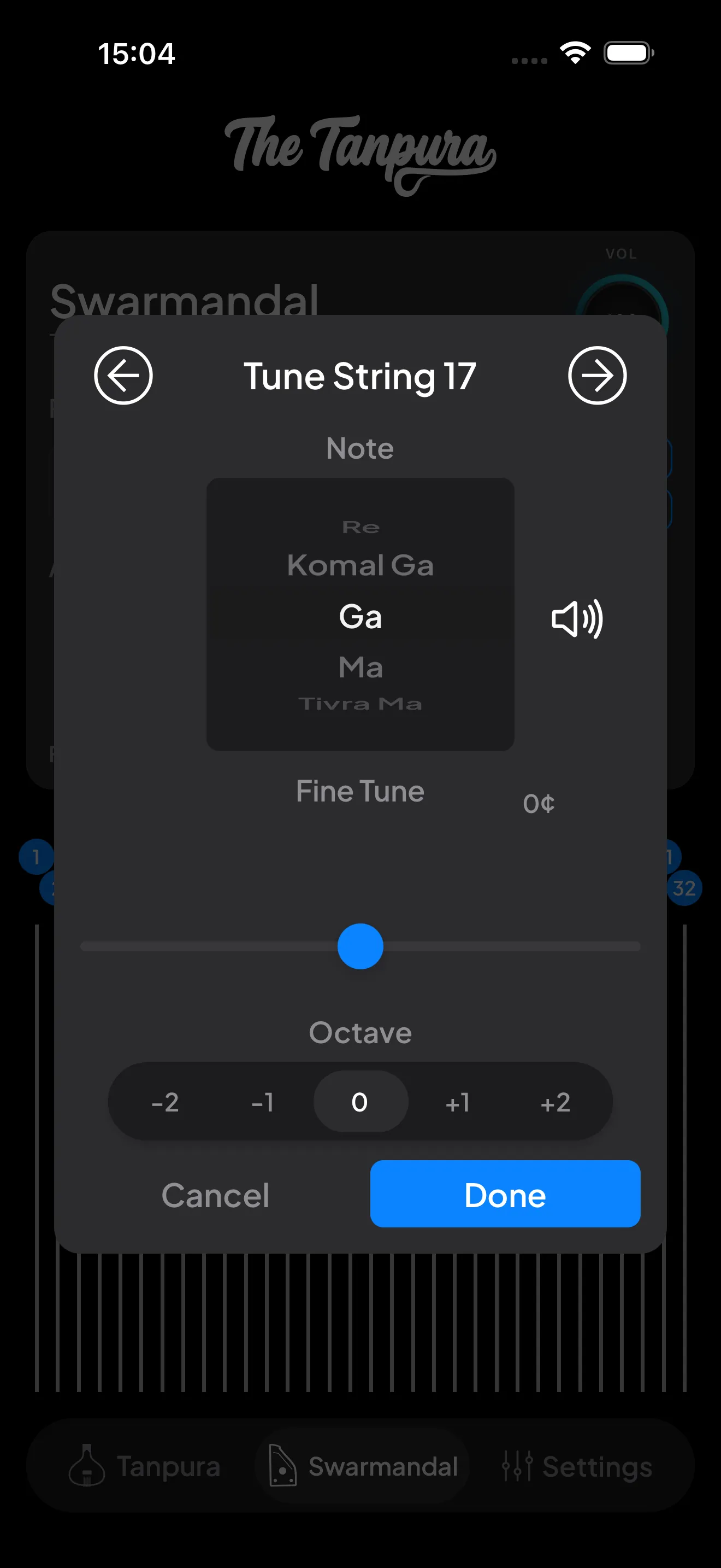 The Tune String modal with a note picker, fine-tune cents slider, and octave selector