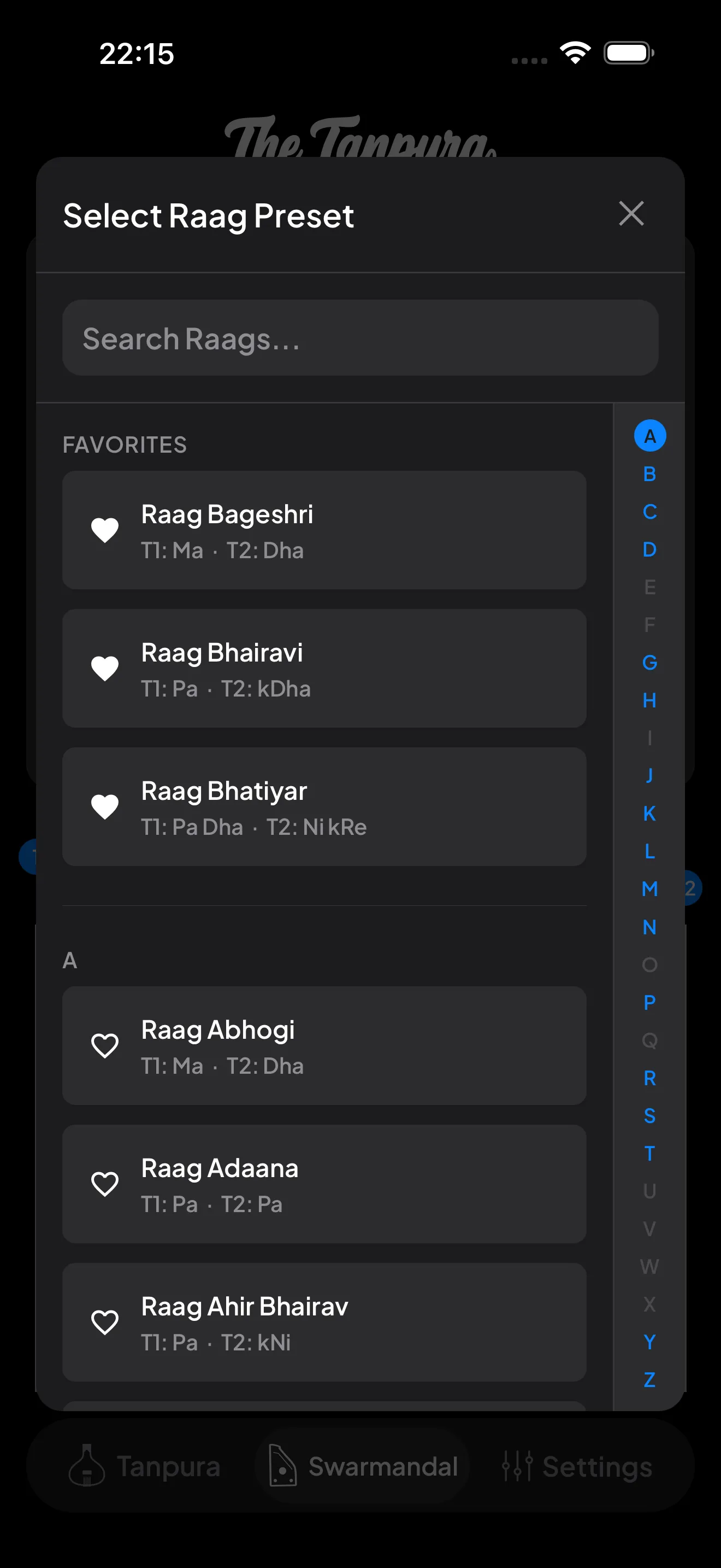 The Select Raag Preset modal with a search field, a Favorites section, and an A–Z index down the side