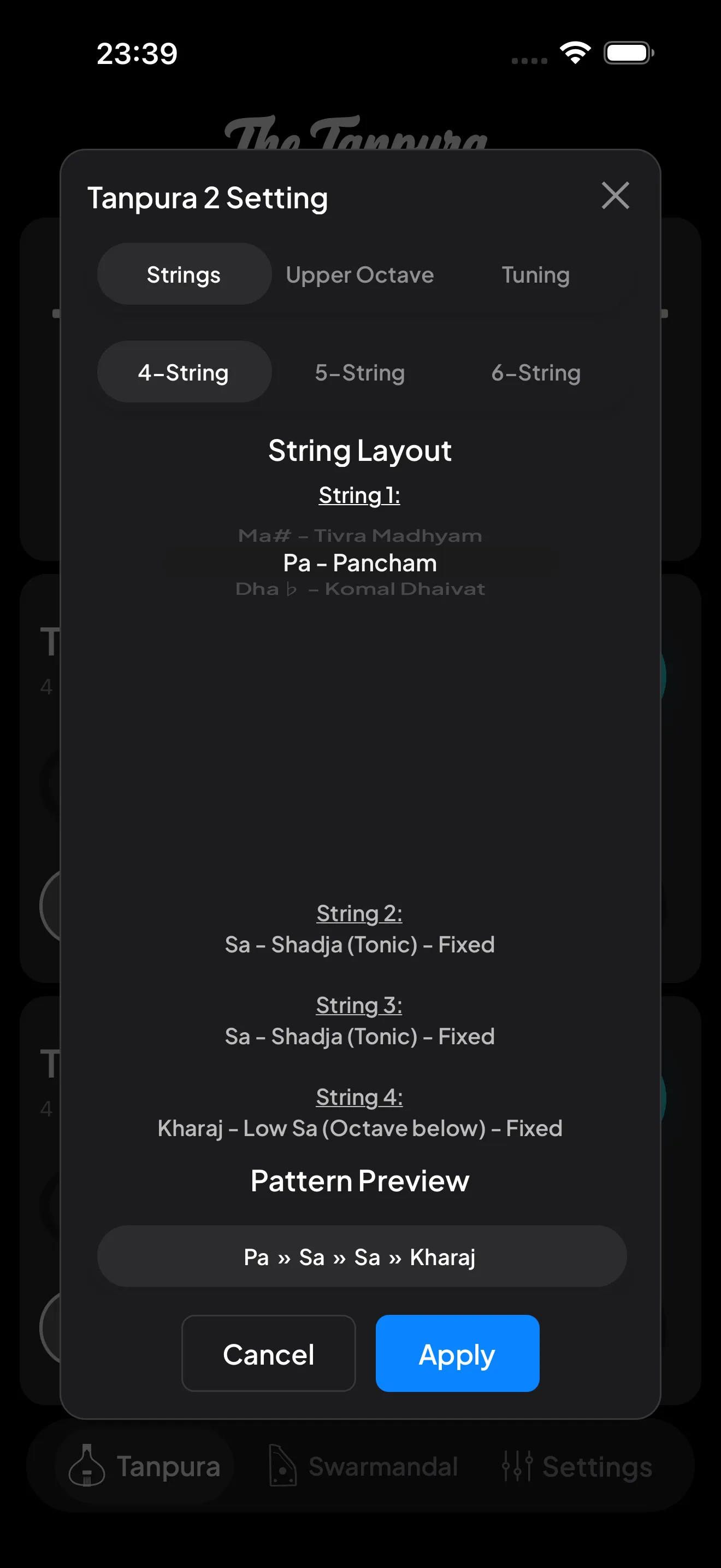 The Tanpura string settings modal showing the 4/5/6-string layout and per-string note pickers