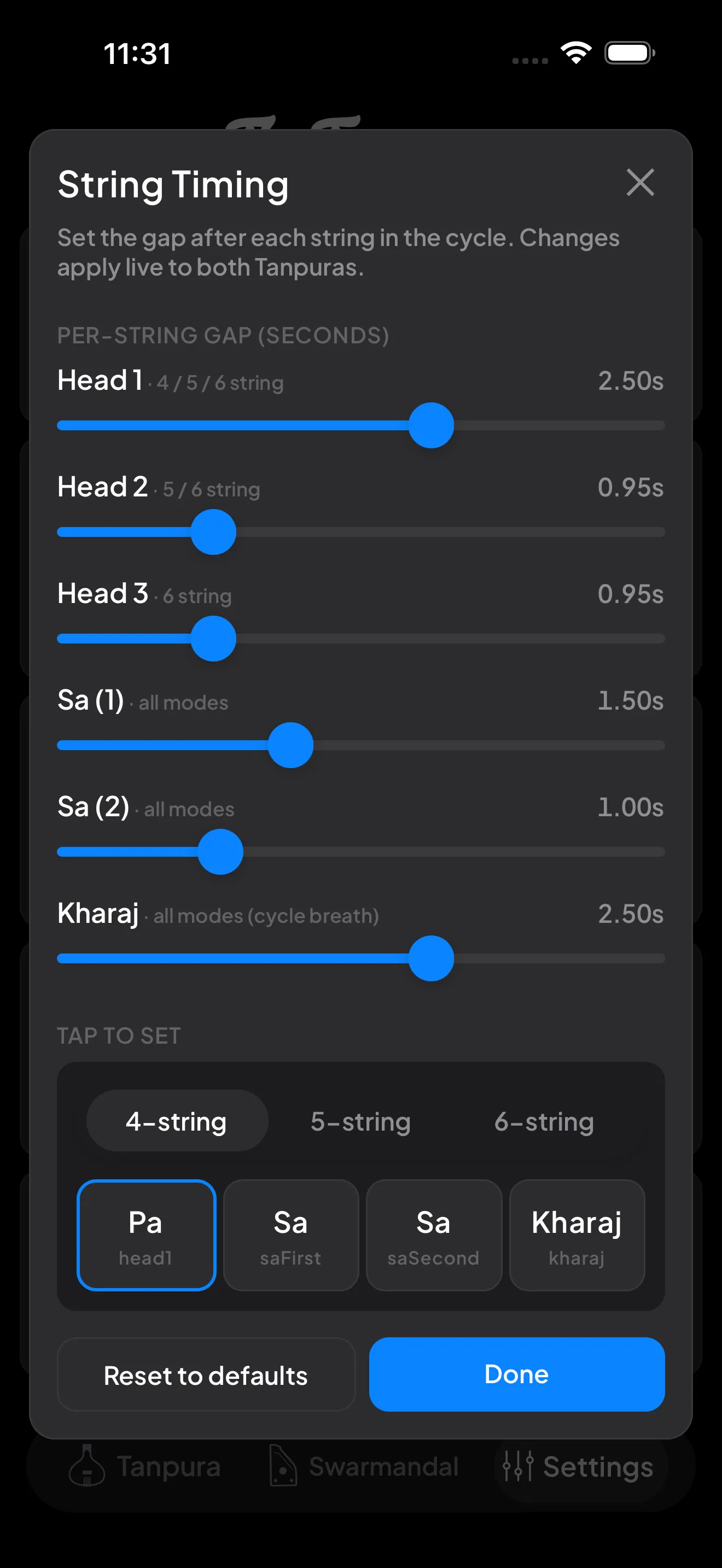The String Timing modal showing a per-string gap slider for each string and a tap-to-set keyboard for 4-, 5-, and 6-string layouts