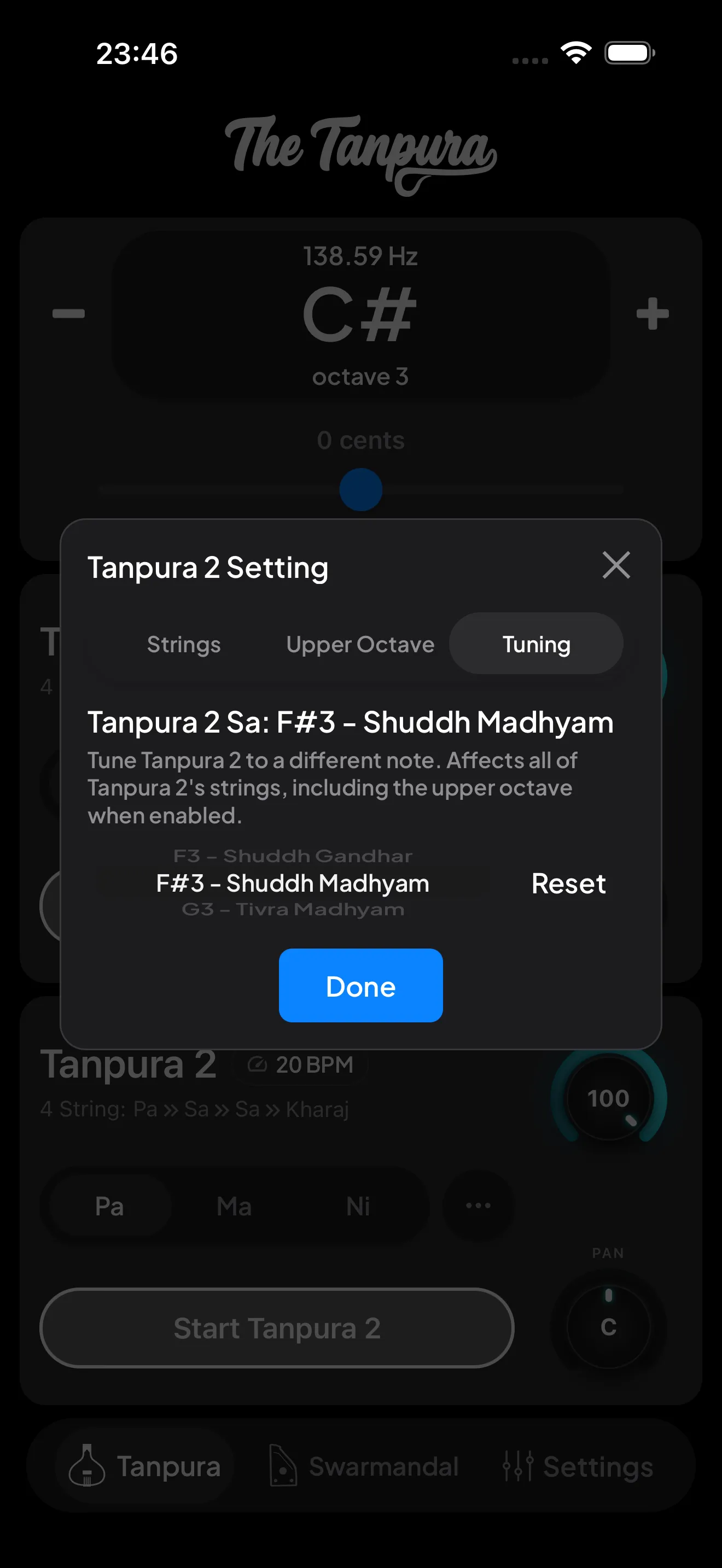 The Tuning tab letting Tanpura 2 take a different Sa from Tanpura 1